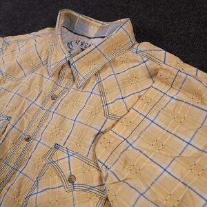 Vintage Mens Wrangler Yellow Plaid Western Pearl Snap‎ Button Up Shirt - Size XL